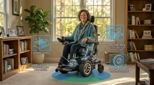 A highly detailed photorealistic illustration of a front wheel drive power wheelchair's internal components, such as the motor and battery packs, being highlighted in a domestic setting.
