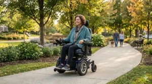 A modern front wheel drive power wheelchair showcased in a showroom setting.