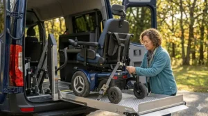 A detailed view of a caregiver securing a front wheel drive power wheelchair to a hydraulic lift platform on the back of an accessible vehicle.