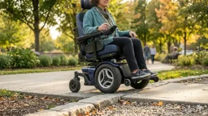 Illustration of a front wheel drive power wheelchair easily navigating over a small curb outdoors.