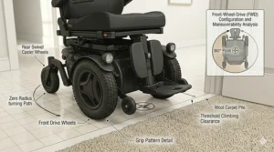 Illustration showing how large front wheels easily climb over indoor door thresholds and thick carpets.