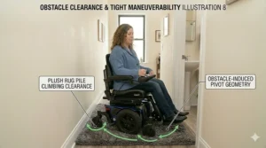 An illustration showing how the large front wheels of a front wheel drive wheelchair climb over door transitions and thick carpets in small spaces.