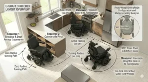 Overhead view diagram showing a power wheelchair navigating a tight U-shaped kitchen layout.