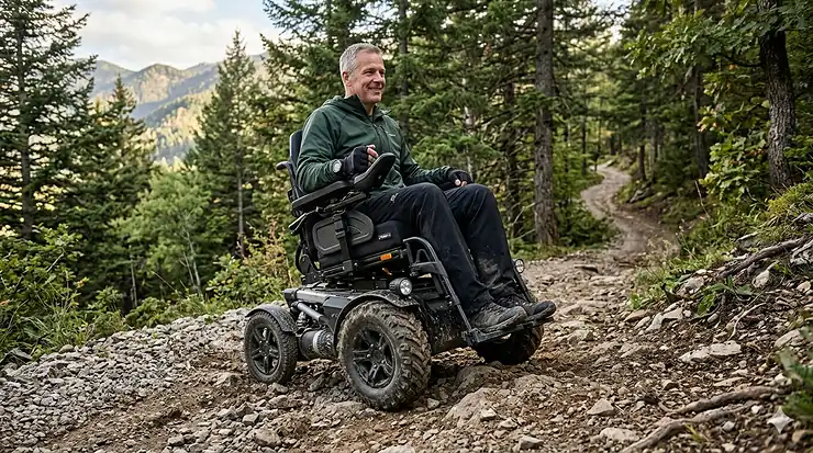 A heavy-duty front wheel drive wheelchair navigating a rugged outdoor path with rocks and loose gravel. front wheel drive wheelchair for rough terrain