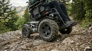Close-up view of a thick, deeply treaded front drive tire designed for traction on uneven ground.