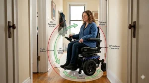 An aerial diagram illustrating the 360-degree turning radius of a front wheel drive wheelchair inside small spaces like tight corners and narrow rooms.