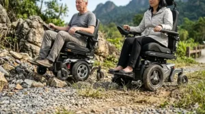Side by side comparison of front wheel drive vs mid wheel drive electric wheelchairs driving on uneven outdoor gravel and grass.