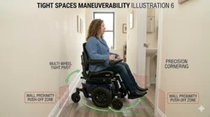 Illustration of a user maneuverability test, turning a front wheel drive wheelchair around a small bathroom sink and vanity area.