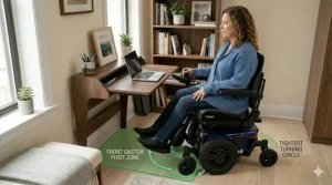 An illustration of a compact front wheel drive wheelchair positioned close to a kitchen counter, showing how it pulls into small spaces with ease.