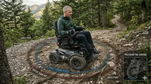 An infographic showing the tight indoor and outdoor turning radius typical of a front wheel drive wheelchair.
