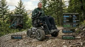 A labeled schematic showing the high-torque dual motors powering a rough terrain wheelchair.