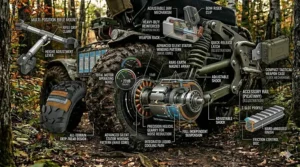 An ultra-high-resolution, photorealistic 4K technical illustration, building upon image_6.png and the series of detailed technical overlays, with new, dedicated technical diagrams and illustrations of weapon and accessory mounts integrated onto the vehicle's frame, including a heavy-duty reinforced weapon rack with an internal cross-section cutaway showing an adjustable bow-holder jaw mechanism.