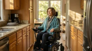 A user navigating a front wheel drive motorized wheelchair through a narrow residential hallway.