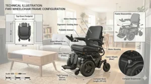 Diagram showing the compact dimensions and frame setup of an indoor front wheel drive wheelchair.