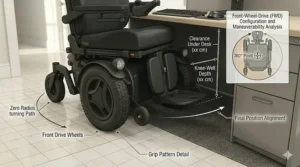 Side view illustration of a front wheel drive wheelchair pulling completely under a standard office desk.