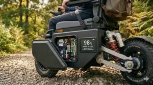 Illustration of a high-capacity lithium battery pack used in affordable all terrain electric wheelchairs.