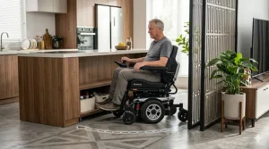 A mid wheel drive motorized wheelchair easily navigating tight indoor hallway corners and narrow doorways.