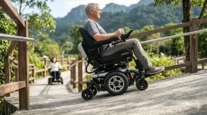 Illustration showing how the front and rear anti tip casters of a mid wheel drive power chair maintain stability on an inclined wheelchair ramp.