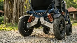 Technical drawing of a 6-wheel electric wheelchair with suspension linkages for enhanced maneuverability.