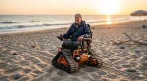 A motorized track wheelchair driving easily across soft sand near the ocean tide.