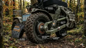An ultra-high resolution, photorealistic 4K close-up photograph capturing the complex rear and side-profile view of the all-terrain electric hunting wheelchair, set against the same detailed, mossy forest trail backdrop with warm autumnal golden light, focusing exclusively on the advanced all-terrain wheel and tire system.