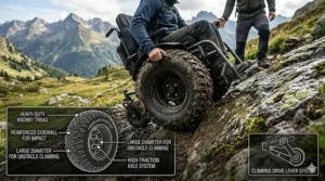 Illustration of an adventurer using specialized tires for an all-terrain wheelchair to climb a rocky mountain trail.