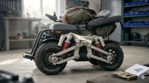 Side-by-side view of an affordable all terrain electric wheelchair shown open and folded for vehicle transport.