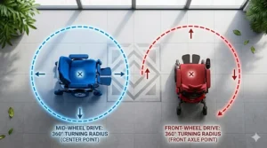 Overhead diagram illustrating the 360 degree turning radius of a mid wheel drive power chair compared to a front wheel drive model.