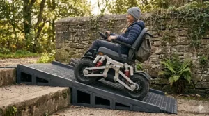 Illustration of a motorized all terrain wheelchair easily climbing a steep 12-degree grassy incline.