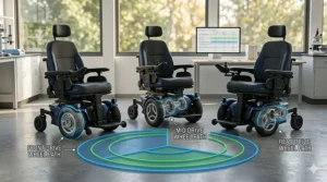 Side by side comparison diagram of front wheel drive, mid wheel drive, and rear wheel drive power wheelchairs.