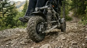 Detailed illustration pointing out the shock absorbers and heavy-duty suspension of an off-road wheelchair.