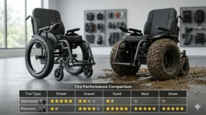 Side-by-side comparison illustrating a sleek everyday wheelchair tire next to a rugged, wide tire for an all-terrain wheelchair.