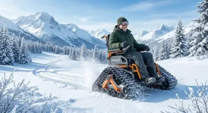 A rugged electric track wheelchair moving through a snowy park, showing the tread's grip on icy surfaces.