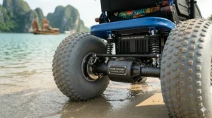 Illustration showing the waterproof housing of an electric beach wheelchair motor and battery.