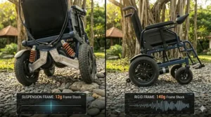 Comparison illustration showing the difference in impact force between a rigid frame and an electric wheelchair with suspension.