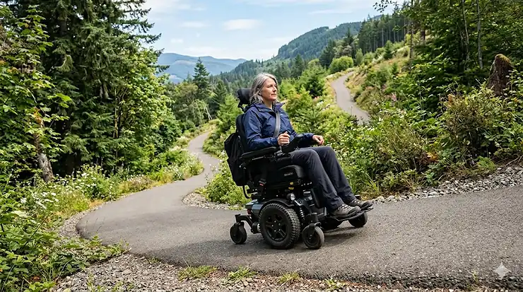 A person confidently navigating an outdoor asphalt incline using a heavy-duty rear wheel drive power wheelchair, demonstrating stability and outdoor hill climbing performance. rear wheel drive wheelchair for hills