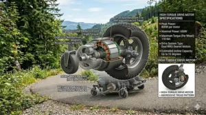 Illustration explaining high-torque motor specifications required for a rear wheel drive wheelchair to climb steep outdoor hills without stalling.