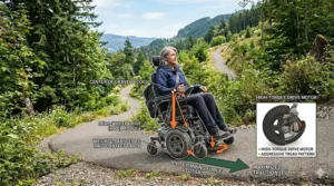 Technical illustration mapping weight distribution on a rear wheel drive wheelchair navigating a steep hill incline to maximize tire traction.