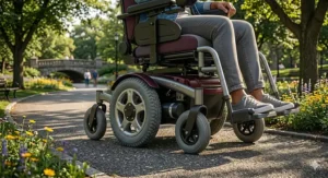 An illustration of an affordable mid wheel drive power wheelchair easily turning in a tight household kitchen layout.