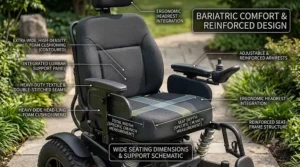 Dimensions graphic of an extra-wide contoured seat with high-density foam padding on a bariatric power chair.