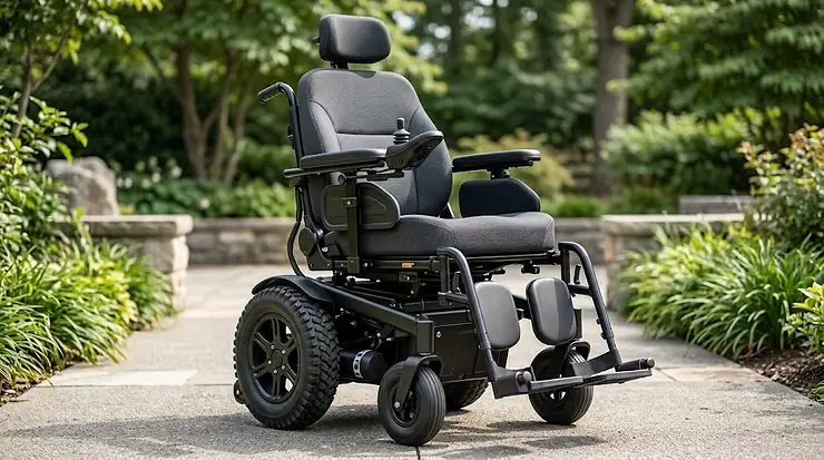 Heavy-duty bariatric rear wheel drive power wheelchair with reinforced frame and wide captain seat isolated on white background.