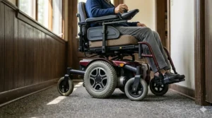 A user navigating a narrow hallway and doorway with a compact mid wheel drive wheelchair under 3000 dollars.