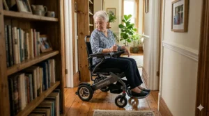 Technical illustration showing the zero-turn radius of a compact power wheelchair maneuvering within a tight bedroom space.