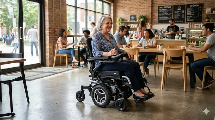 A modern compact mid-wheel drive power chair turning smoothly in a tight living room space.