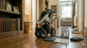 Split illustration showcasing a compact mobility wheelchair navigating a tight living room layout on the left and a flat outdoor sidewalk on the right.