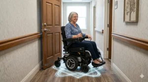 Technical illustration of a compact motorized wheelchair easily navigating a narrow hallway and doorway.