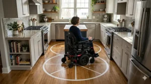 A person using a highly maneuverable motorized wheelchair to navigate a compact U-shaped kitchen layout and reach the counter.