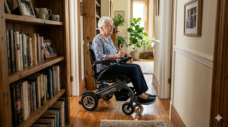 An elderly woman navigating a compact power wheelchair through a narrow hallway in her home, demonstrating its maneuverability in tight spaces. compact power wheelchair for tight spaces