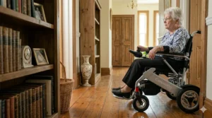 An illustration highlighting a compact electric wheelchair parked comfortably under a dining table in a tight apartment dining area.