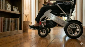 Infographic demonstrating how a foldable compact power wheelchair fits into a small storage closet or tight trunk space.